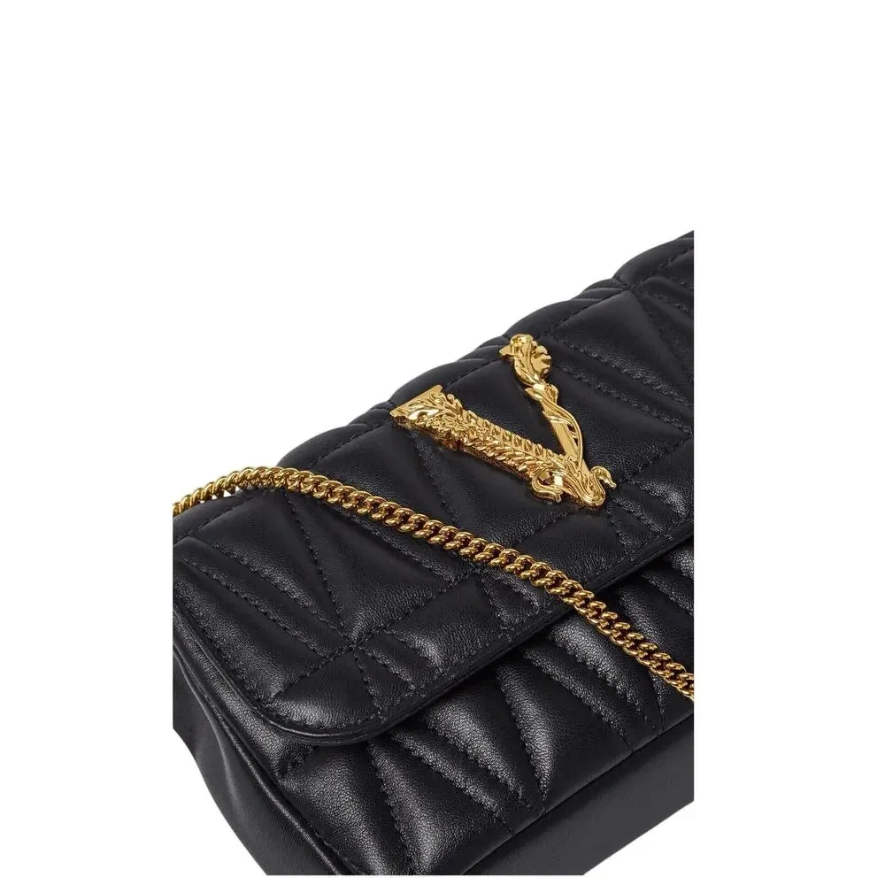 Versace Black Quilted Shoulder Bag with Gold Chain V